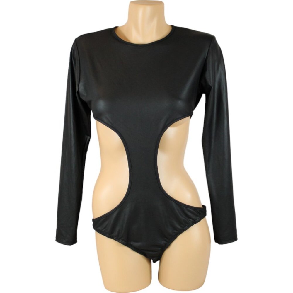 Frederick's of Hollywood Oil Slick Cut Out Bodysuit Black Small Long Sleeve T82